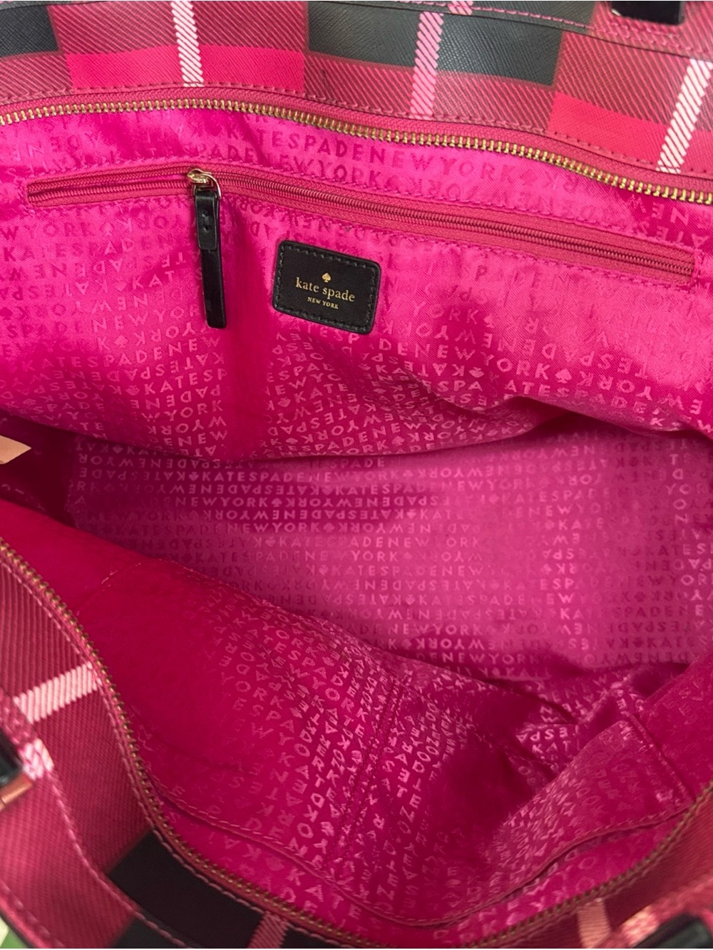 Kate Spade Zippered Tote Bag Large 13” Polyvinyl Leather Trim Pink Plaid Handbag - Picture 4 of 13